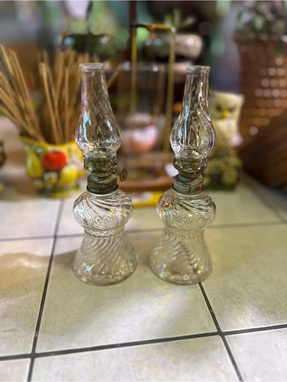 Pair of vintage clear glass miniature hurricane lamps